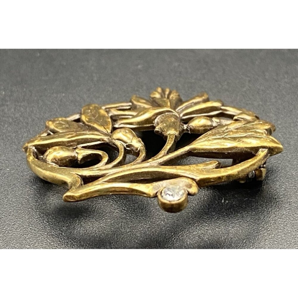 Vtg Art Nouveau Revival Brass Floral Brooch Openwork Lily Rhinestone 1.25 x1.25" - Picture 4 of 6
